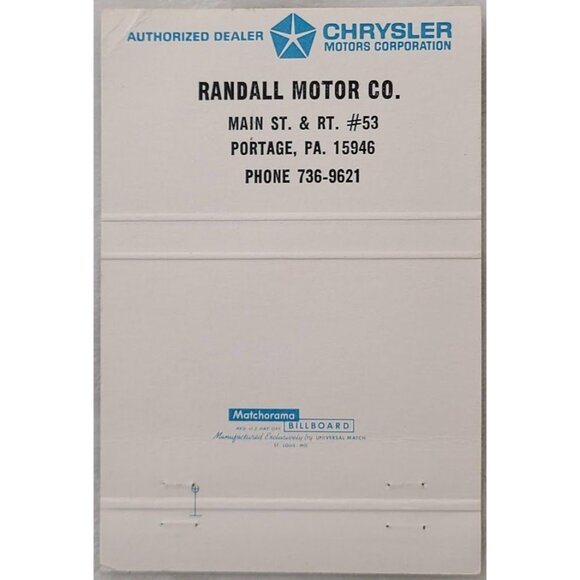 1971 Plymouth Satellite Sebring Sport Fury Matchbook Cover Randall Portage PA - Picture 3 of 5